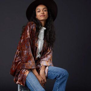 Anthropologie Velvet Esme Kimono Jacket sz M Oversized Pink Purple Floral EUC